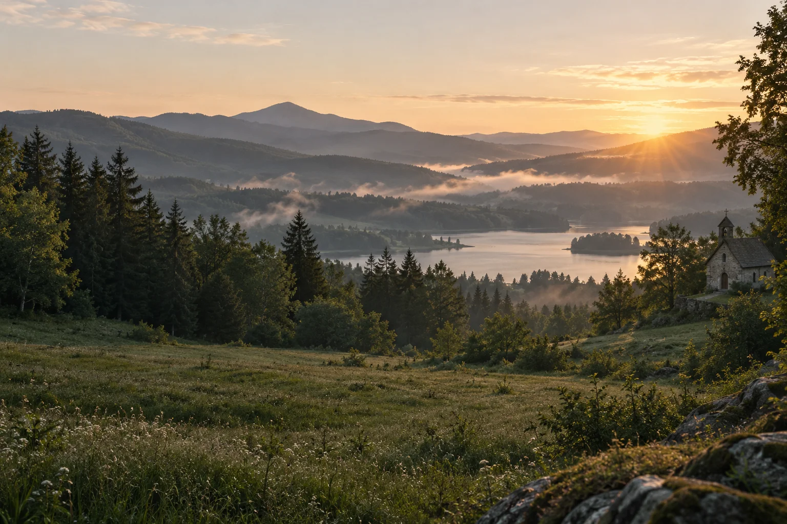 Morning light over quiet hills and a small stone chapel